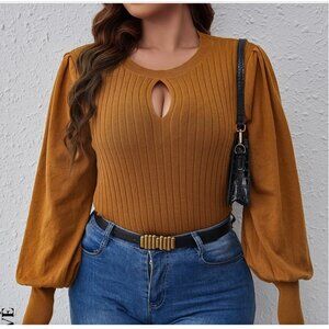 Burnt Orange Sweater with Lantern Sleeves and Keyhole Opening Size 1XL